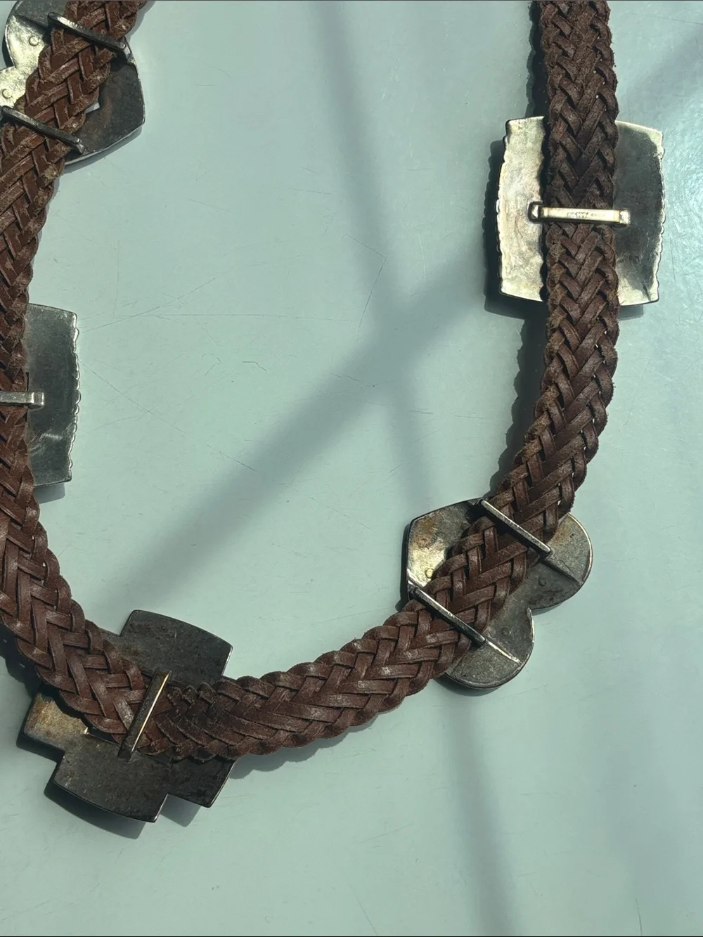 VTG 1994 Brighton Tan Braided Leather Belt with Silver Heart + Cross Conchos